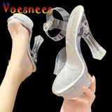 Women Sandals Female Model T Station Catwalk Sexy Crystal Transparent Women Shoes 14CM High Heels Waterproof Square Heel