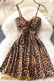 Twist V-neck Spaghetti Strap Mini Party Dress Women Leopard Print Sleeveless High Waist A-line Club Night Out Dress