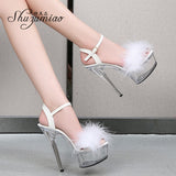 Sandals For Women Waterproof Platform Women Shoes 2023 Summer New Fur Transparent High Heels 14.5cm Female Party