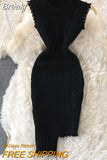 Design Twist Knitted Bodycon Dress Women Solid O-neck Sleeveless Tassels Irregluar Slim Stretch Bandage Mini Sweater