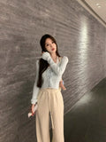 Color Fake Two Pullover Korean Style Y2k Crop Tops Woman Slim Causal Long Sleeve Knitted Sweater Clothing 2023 Spring