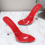 Summer Women Shoes New Fashion Leopard Print Slippers Crystal Open Toed Sandals Women Sexy Transparent Heel 11cm High