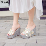 Summer Flower Decoration Platform Wedges Sandals Women Fashion Silver High Heels Female Summer Gold Shoes Size