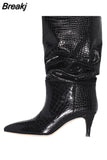 Women's Boots Snakeskin Print Pleated Mid Heel Party Shoes Pointed Toe Slip On Sexy Stiletto Women Motorcycle