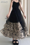 Vintage Black Strap Dress Gothic Casual 2023 Summer Sleeveless Sexy Retro Midi Dress Slim Korean Style Party Dress