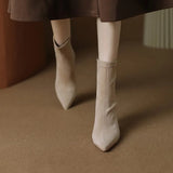 Breakj Short Boots Women's Autumn / Winter 2023 New Thick Heel Pointed Suede Stitching Boots Women's Middle Heel Soft Skin Thin
