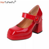 Size 34~48 Men Platform Shoes Spring 2023 Glossy Patent Leather Square Toe Sweet Buckle Chunky Heels Women Mary Janes