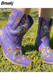 Retro Female Western Boots Wood Sole Spike Heels Pointed Toe Slip-On Floral Flower Ankle Boots Shoes Plus Size