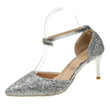 Heels Wedding Bride Shoes Women 2024 Luxury Ankle Buckle Stiletto Heel Pumps Women Silver Sequins Pointed Toe Pumps