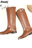 Sexy Women Motorcycle Booties Belt Strap Metal Shark Lock Flat Heel Knee High Boots Woman Genuine Leather Botas