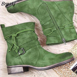 Autumn Retro Knight boots Women Round Toe Lace UP Ankle Boots Female Plus Size Flat Shoes Belt Buckle Suede Short