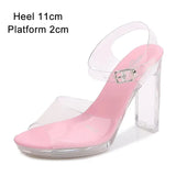 2023 Summer New Sandals Women Fashion Rhinestones Square Heel Transparent Women Shoes High Heels11cm Female Party