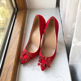 Square Rhinestones Women Rose Silk Satin Sexy Pointy Toe High Heel Wedding Bridal Shoes Elegant Ladies Stiletto