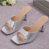 Trend Women High Heels Slippers Summer Fashion Square Toe Flip Flops Sandals Design Open Toe Slingback Slides Female