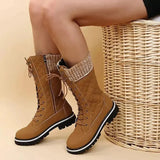 Mujer Women's Winter Side-pull Lace-up Knitted Mid-tube Boots Low-heeled Round-toe Boots High-quality Winter Warm Boots