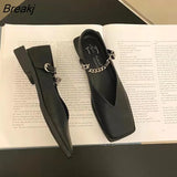 Deformed Heel Autumn Luxury Chain Square Head Shallow Flat Shoes Women's Lazy Loafer Casual Flat Square Heels Lolita