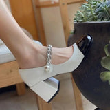 Shoe Woman 2024 High Heels Luxury Shoes Women Mary Janes Pumps Square Toe Leather Sandals Black White Patchwork