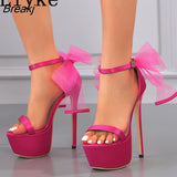 Sexy Open Toe 16CM Super High Heels Platform Sandals Women Fashion Pink Net Yarn Bowknot Design Wedding Stripper