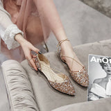 Women Luxury Rhinestone Ballet Flats Cross-Tied Lace Up Flat Shoes Woman Crystal D'orsay Wedding Shoes Glitter Sliver