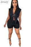 Solid Elegant Two Piece Set Women Outfits Back Hollow Out Lapel Collar Tank Top Shorts Sets Bodycon Tracksuits