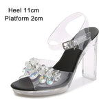 2023 Summer New Sandals Women Fashion Rhinestones Square Heel Transparent Women Shoes High Heels11cm Female Party