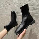Women's Shoes White Ankle Boots Boots-Women Zipper Flat Heel Fashion Low 2023 Autumn Rock Rubber Leather Ladies Rome PU