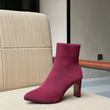 Fashion Women Boots Beige Pointed Toe Yarn Elastic Ankle Boots Thick Heels Shoes Autumn Winter Female Socks