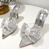 Thin High Heels Women Slippers Fashion Crystal Bowknot PVC Transparent Sandals Sexy Pointed Toe Summer Party Prom