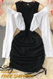 Shoulder Shirt Patchwork Bodycon Mini Dress Women Fashion Streetwear O-neck Long Sleeve Slim Drawstring Ruched Party