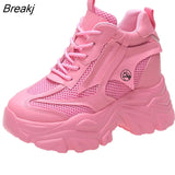 Women 2023 Spring Autumn New Mesh Thick Sole Wedge Casual Platform Sneakers Round Head Fashion Breathable Lace-up Running