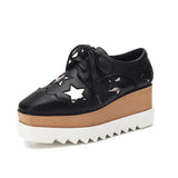 Autumn Women Patent Leather Stars Flat Platform Casual Shoes Fashion Lace Up Brogue Shoes Footwear Chaussures