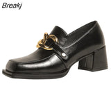 American Retro Square Toe Single Shoes Women's 2023 Thick Heel Metal Buckle Leather Shoes Leather All-match Women