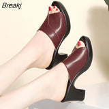 Size 35-40 High Heels Slippers Women's Platform Shoes Summer Block Heel Leather Black Slides Ladies Office Slippers