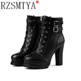 Women Autumn Ankle Boots Sexy Office High Heels Platform Boots Round Toe Leather Booties Black Pumps Ladies Party Shoes New