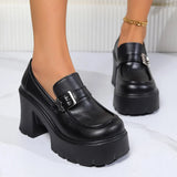 Black Chunky Heels Pumps Women Pu Leather Platform Loafers Woman Fashion Metal Buckle High Heels Dress Shoes Mary
