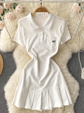 Women Dress Solid Turn down Collar Short Sleeve Buttons Mini Dress Fashion Streetwear Casual Female Pleated Dress