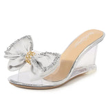 High Heels Summer Slippers Fashion Elegant Party Transparent Women Shoes Satin Big Bow Wedge Sandals 8CM Pink Pumps Size