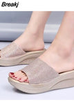 Women Shoes 2023 Slippers Wedge Female Sandals Ladies Bling PU Leather Outside Casual Shoes Summer Footwear Woman Slides