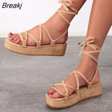 Women Gladiator Cross Tie Sandals Ladies Casual Open Toe Shoes Female Thick Bottom Platform Comfortable Flat Big