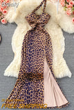 One Shoulder Leopard Print Long Dress Women Fashion Autumn Sleeveless High Waist Split Evening Party Mermaid Dress