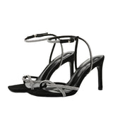 Summer New Women Sandals Fairy Style Square Head Silver Rhinestone Slim Band Temperament One Word Band Versatile High