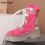 Women Rain Boots Mature Ladies Lace-up Waterproof Ladies Shoes Transparent Candy Color Soles Outdoor Girl