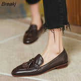 Leather Shoes Female British Style Comfortable Ladies Loafers Round Toe Tassel Deep Mouth Single Shoes Work Flat