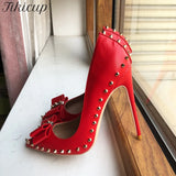Red Matte Women Pointy Toe High Heel Shoes with Bow Sexy Spikes Rivets Stiletto Pumps 8cm 10cm 12cm Colors