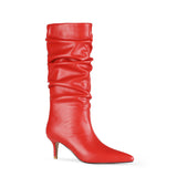 Women Mid-Calf Boots Sexy Solid Color Leather Folds Boots Pointed Toe Thin Heels Stiletto Party Shoes Large Size