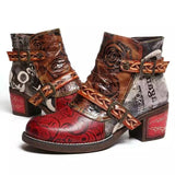 Vintage Splicing Printed Ankle Boots for Women Shoes Woman PU Leather Retro Block High Heels Zipper Women Boots Big