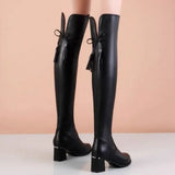 Women Leather Elastic Over The Knee Boots 2024 New Winter Warm Plush Long Boot Autumn Slip-On Pointed Thick Heels Knight