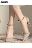 for Woman Super-high Heel Footwear Thin Heels Women's Shoes Pointed Toe Summer 2023 Rivet Stiletto Closed Black Shoe H