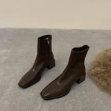 Square Head Elastic Thin French Short Boots 2024 New Autumn And Winter Brown Martin Boots Single