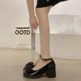 New Mary Jane Fashion Bow Buckle Women Shoes High Heels Chunky Dress Pumps Designer Goth Shallow Ladies Zapatillas